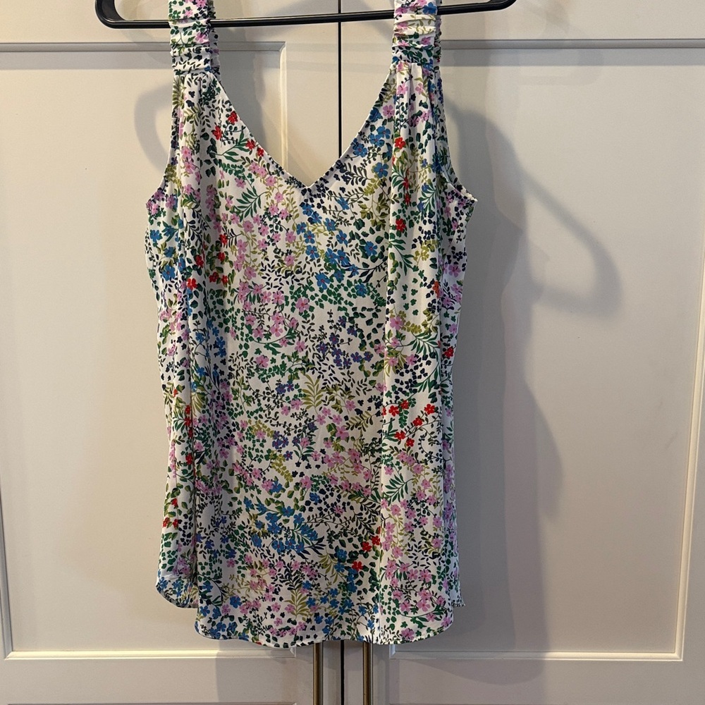 CAbi Floral V-Neck Camisole in White with Pink, Blue & Green